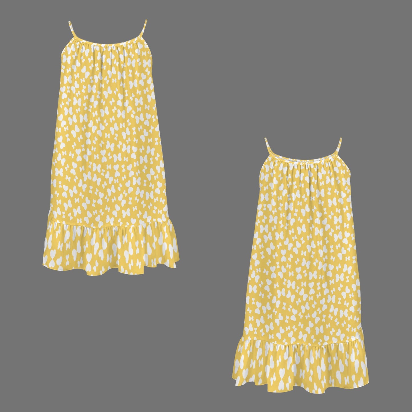 Spaghetti Strap Ruffle Hem Girls Dress Yellow Butteflies