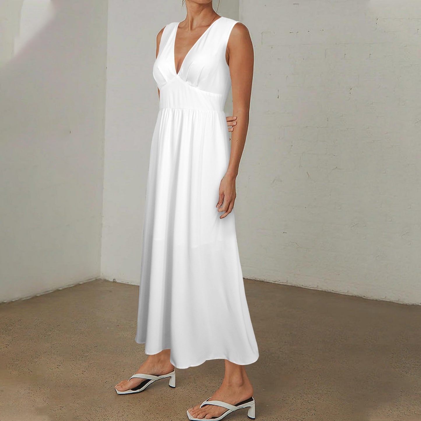 Deep V-Neck Sleeveless High Waist Maxi Dress White