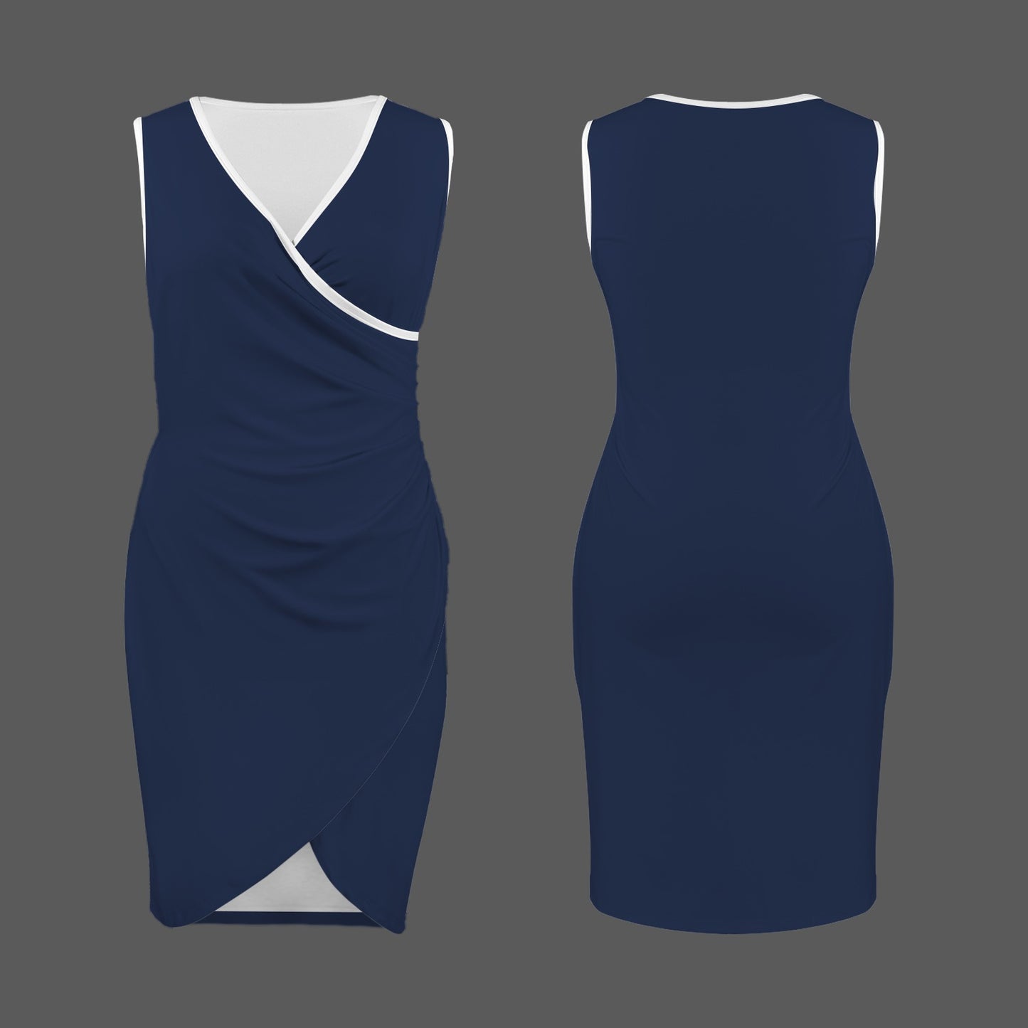 V Neck Sleeveless Faux Wrap Ruched Bodycon Dress Night Blue White