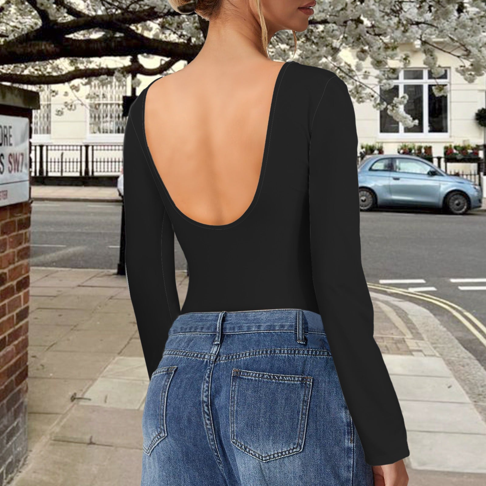 Backless Long Sleeve Bodysuit Black