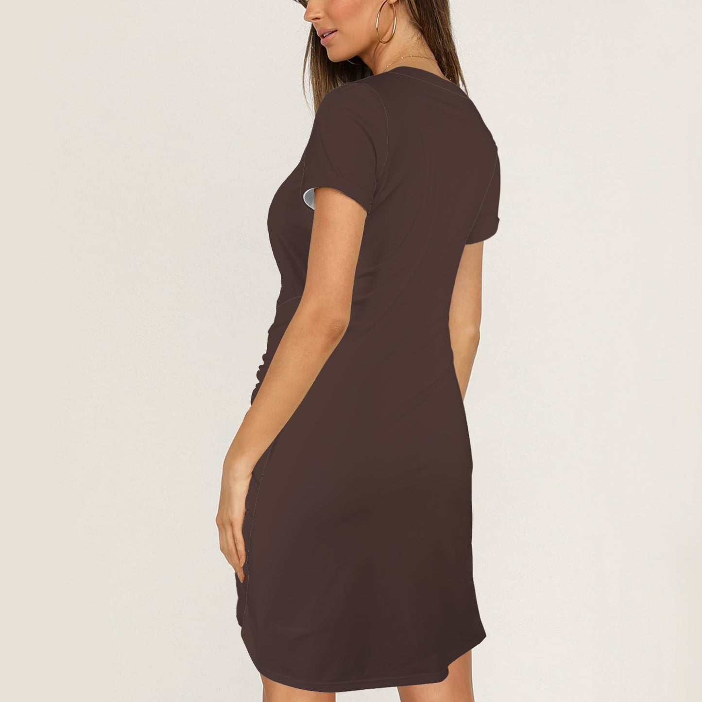 Short Sleeve Wrap Bodycon Ruched Tie Waist Chocolate Espresso