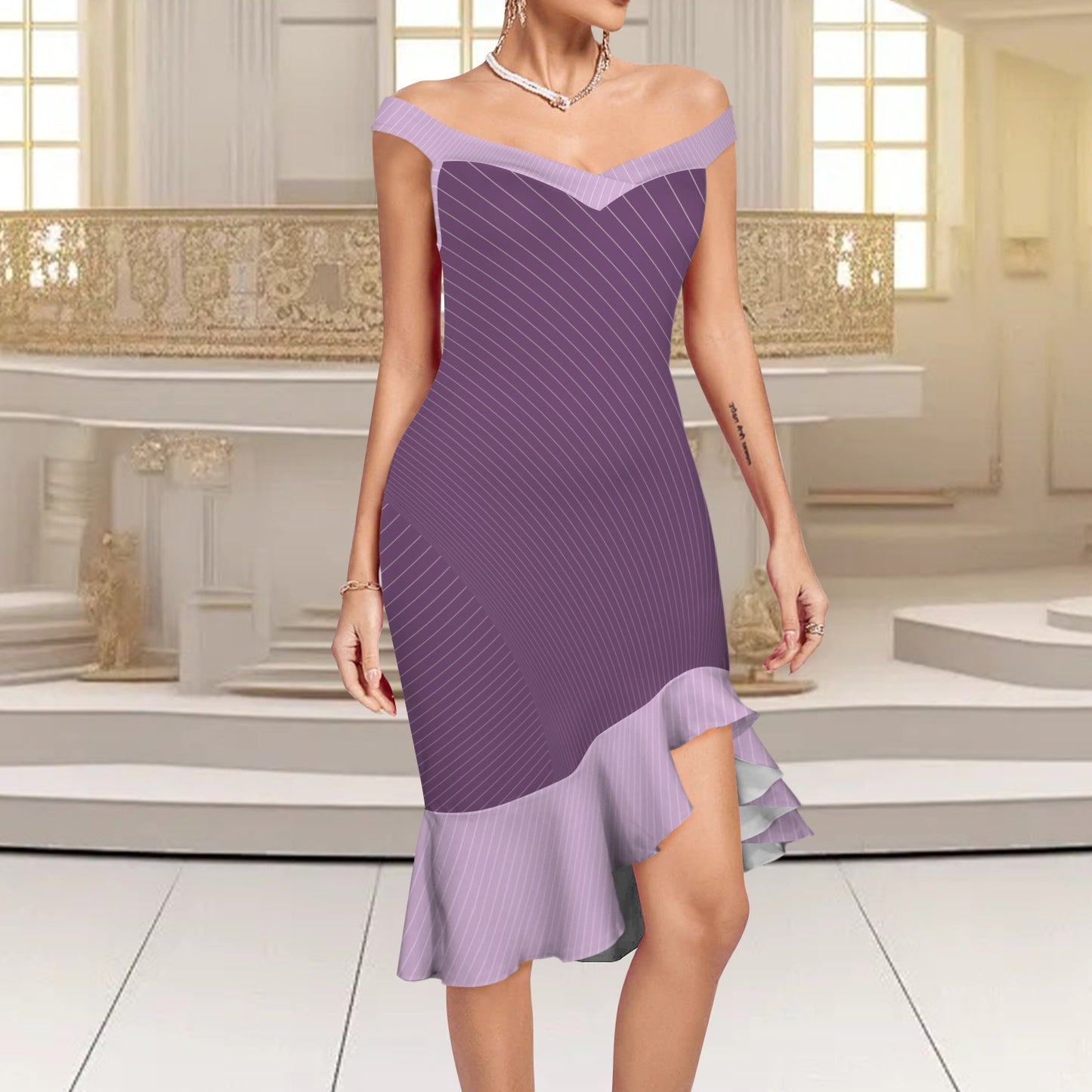 Off Shoulder Ruffled Hem Bodycon Party Dress Purple Curvestripe