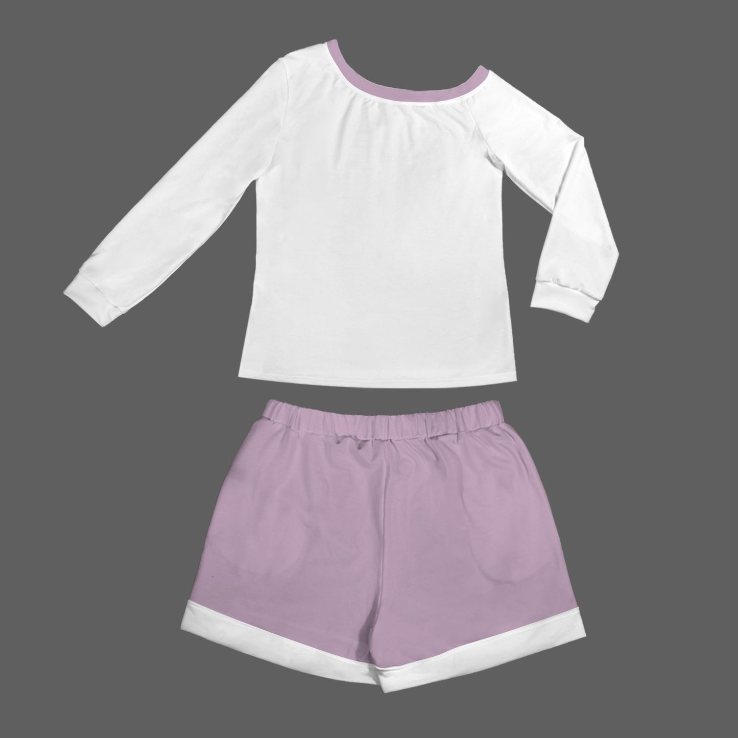 Slanted Off Shoulder Sweatshirt & Elastic Waist Shorts Set Dusted Lavender Mauve & White