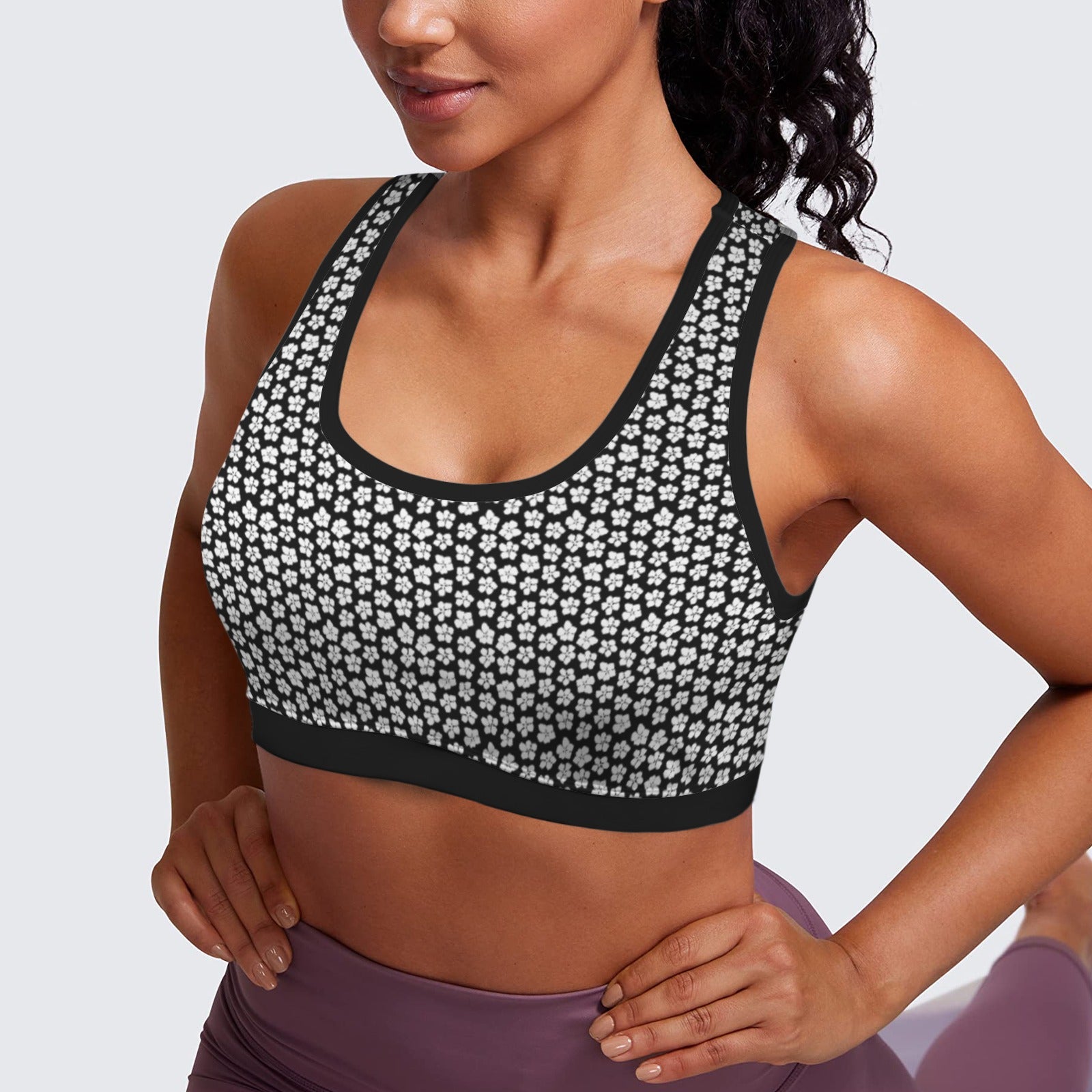 Racerback Sports Bra White Black Flower Print