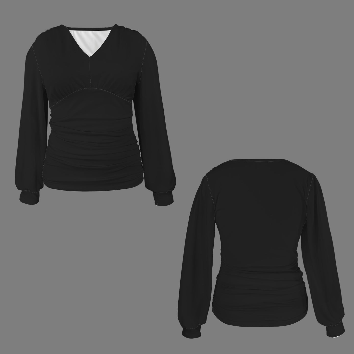 V-Neck Ruched Long Sleeve Blouse Black