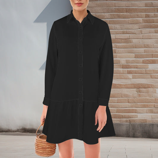 Black Lapel Button Long Sleeve Pleated Shirt Dress