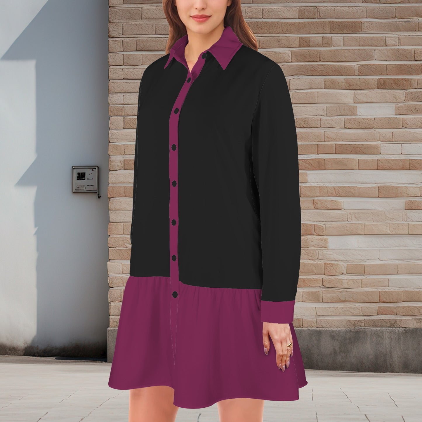 Black Berry Lapel Button Long Sleeve Pleated Shirt Dress