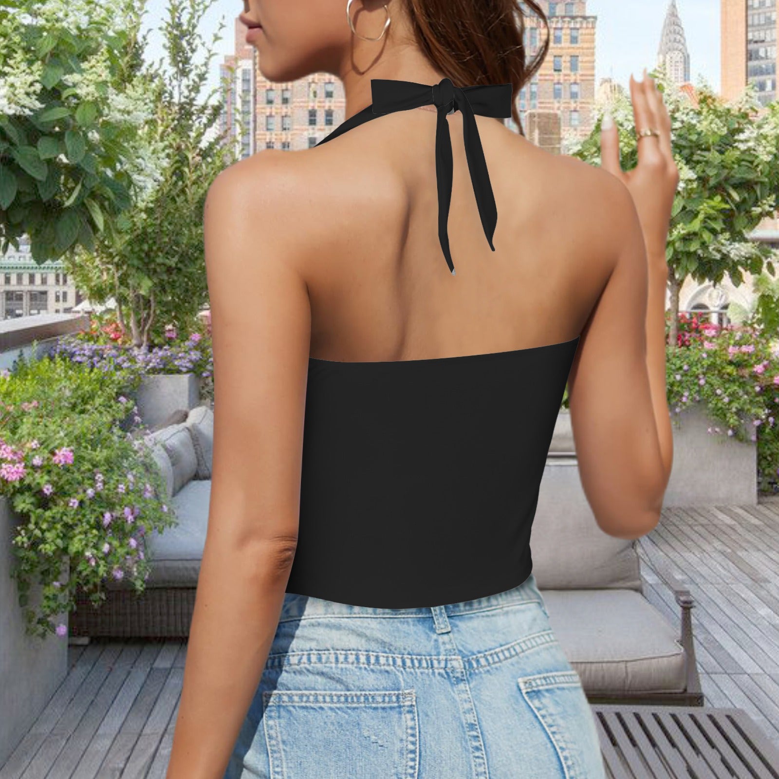 Halter Top with Neck Tie Back Black