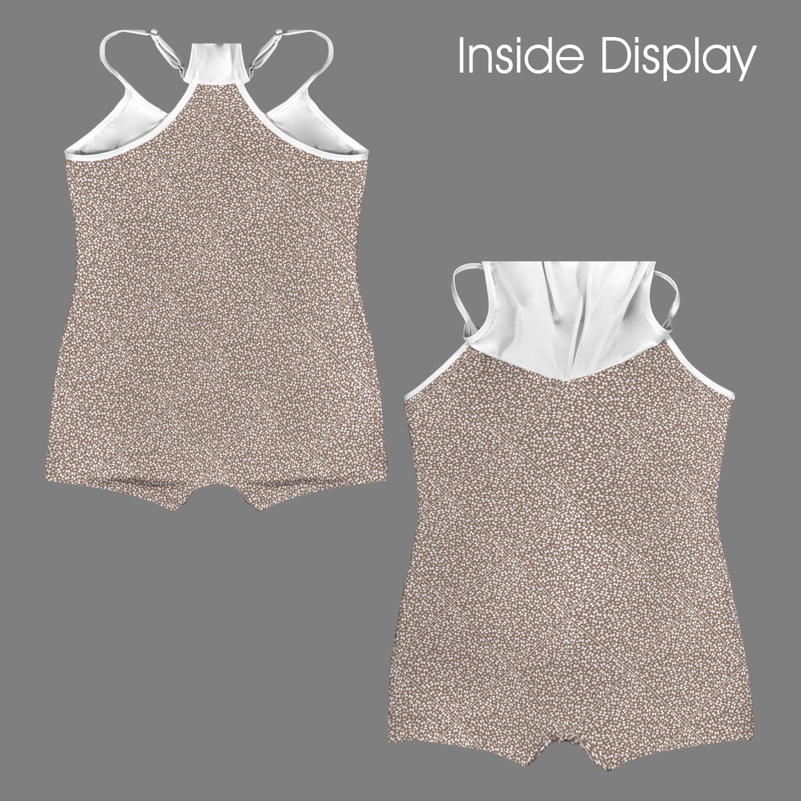 Spaghetti Straps Pockets Active Romper Dress Beige Brown White Butterflies Diamond Print