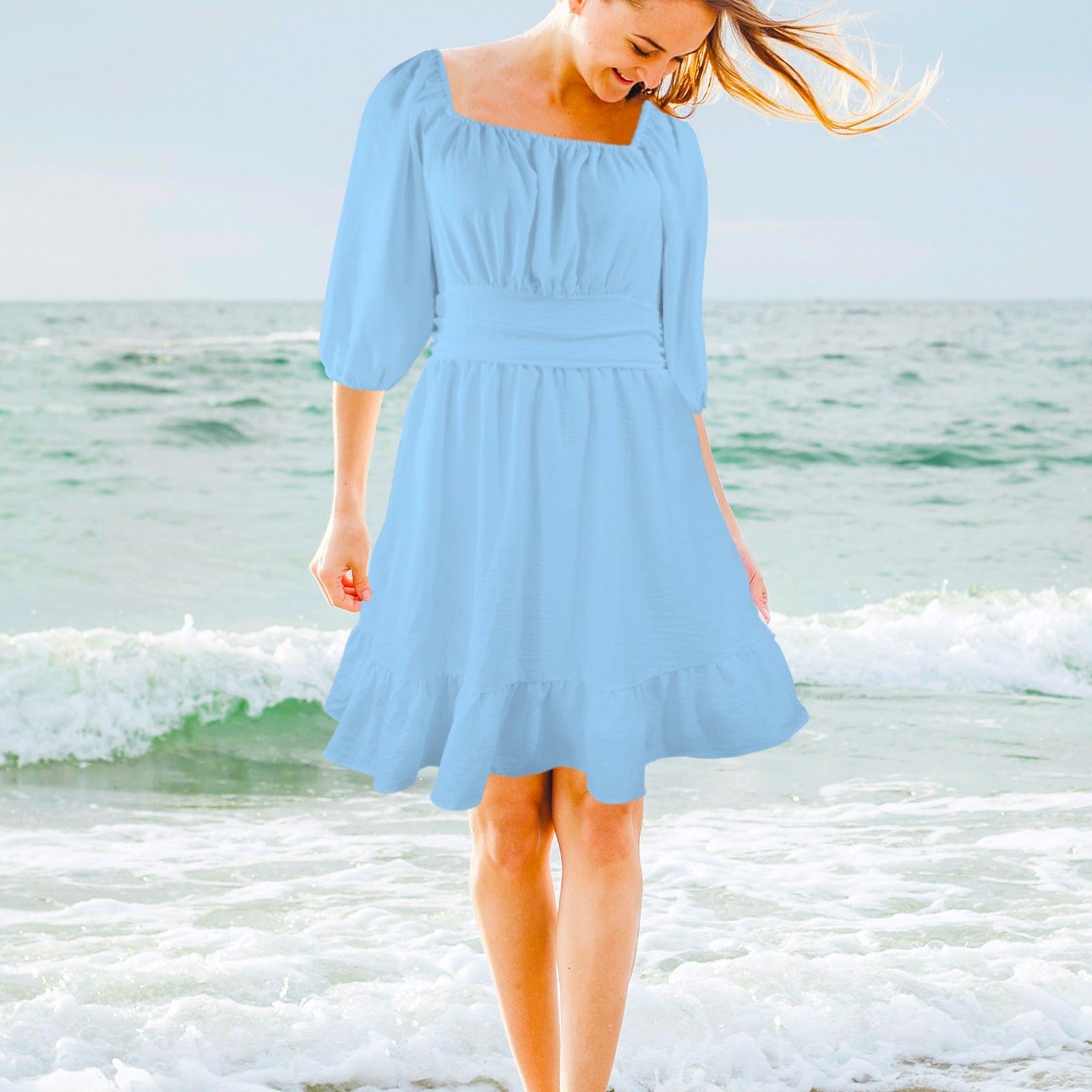 Sky Blue Square Neck Mid Length Sleeved Dress