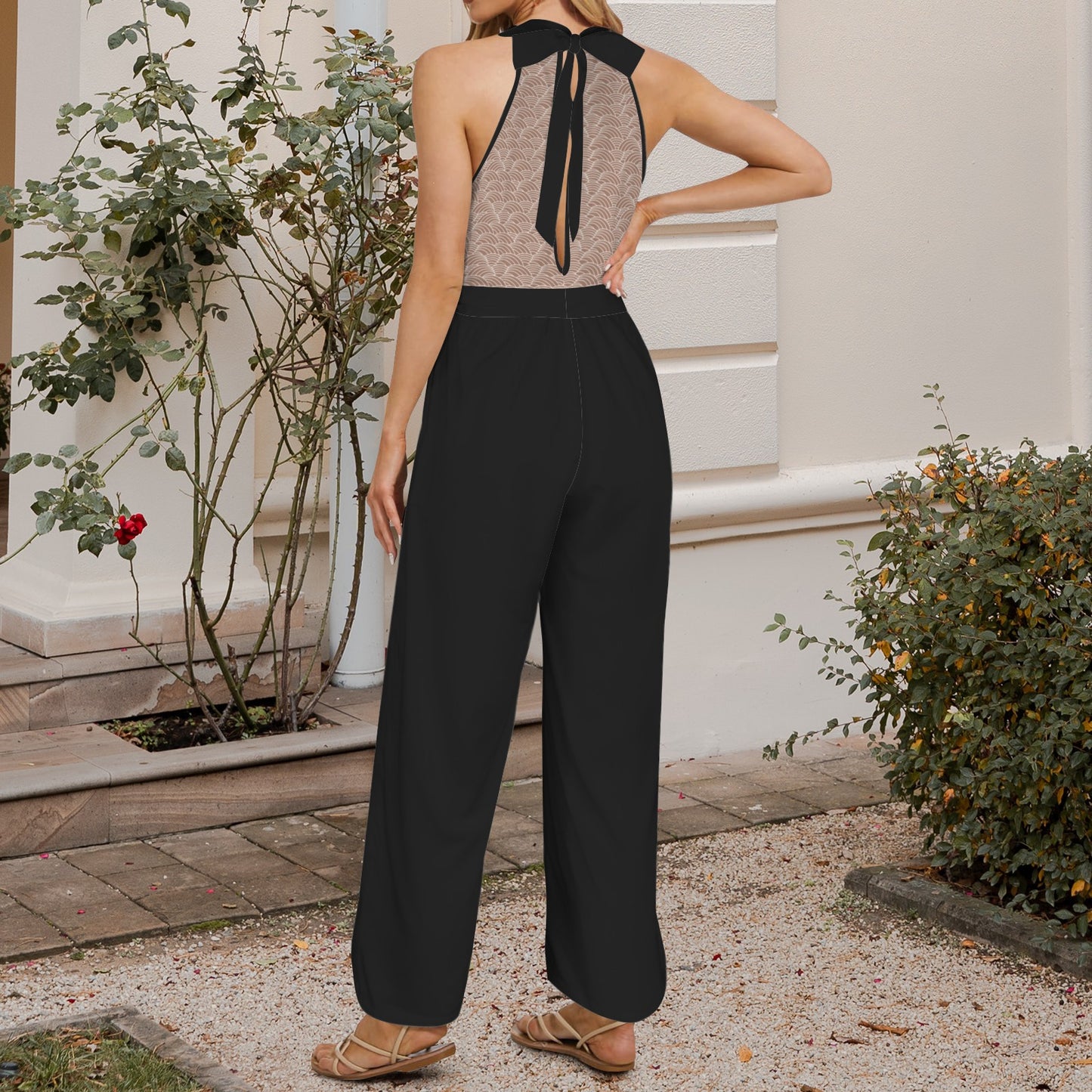 Beige Scallop Print & Black Halterneck Tie Jumpsuit