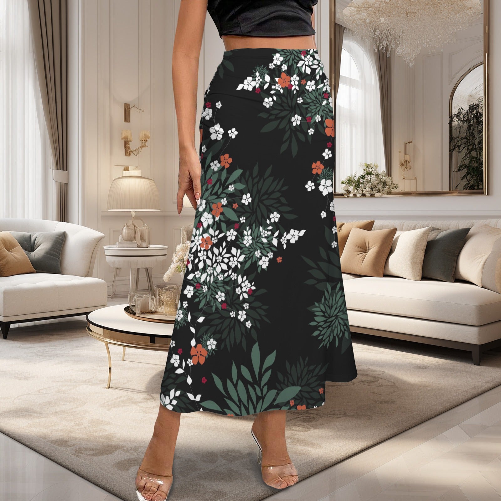 High Waist Pleated Flared Maxi Skirt Blossom Black