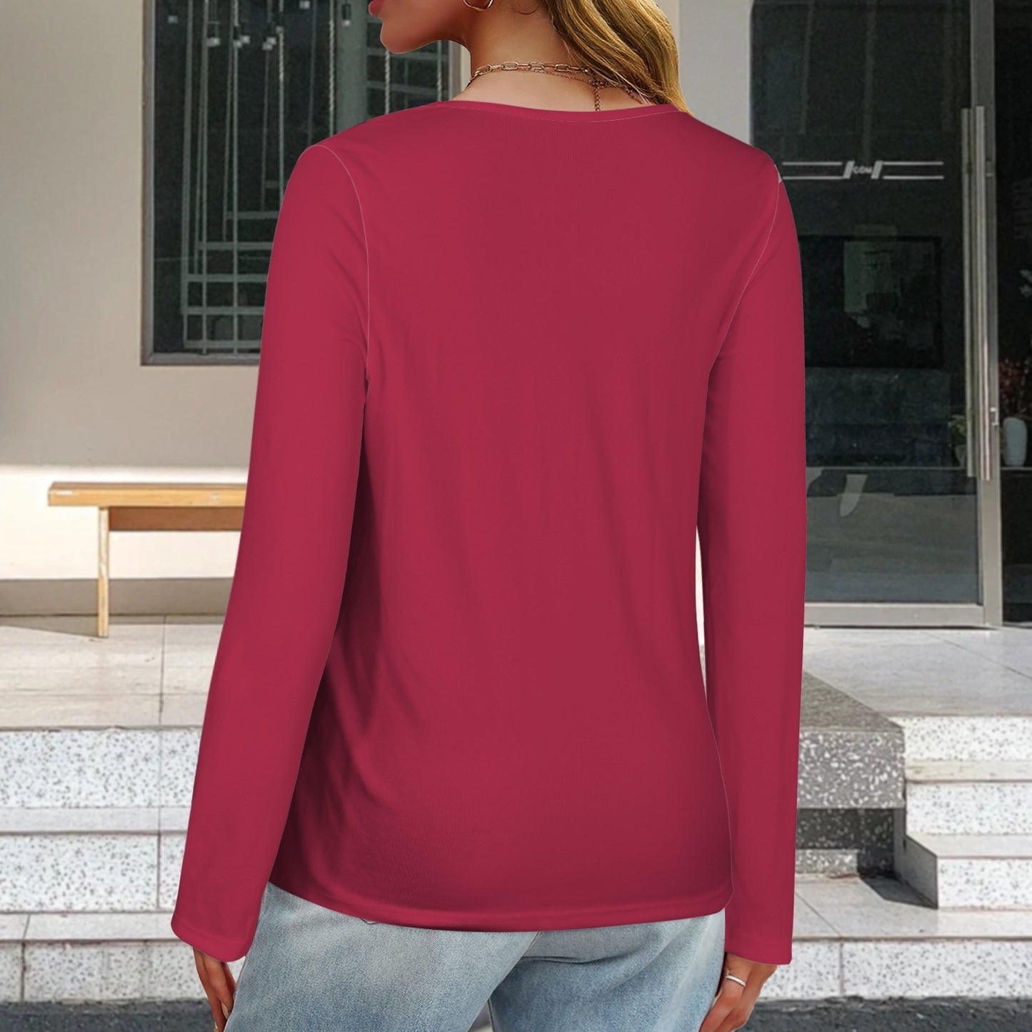 V Neck Long Sleeve Pullover Top Red