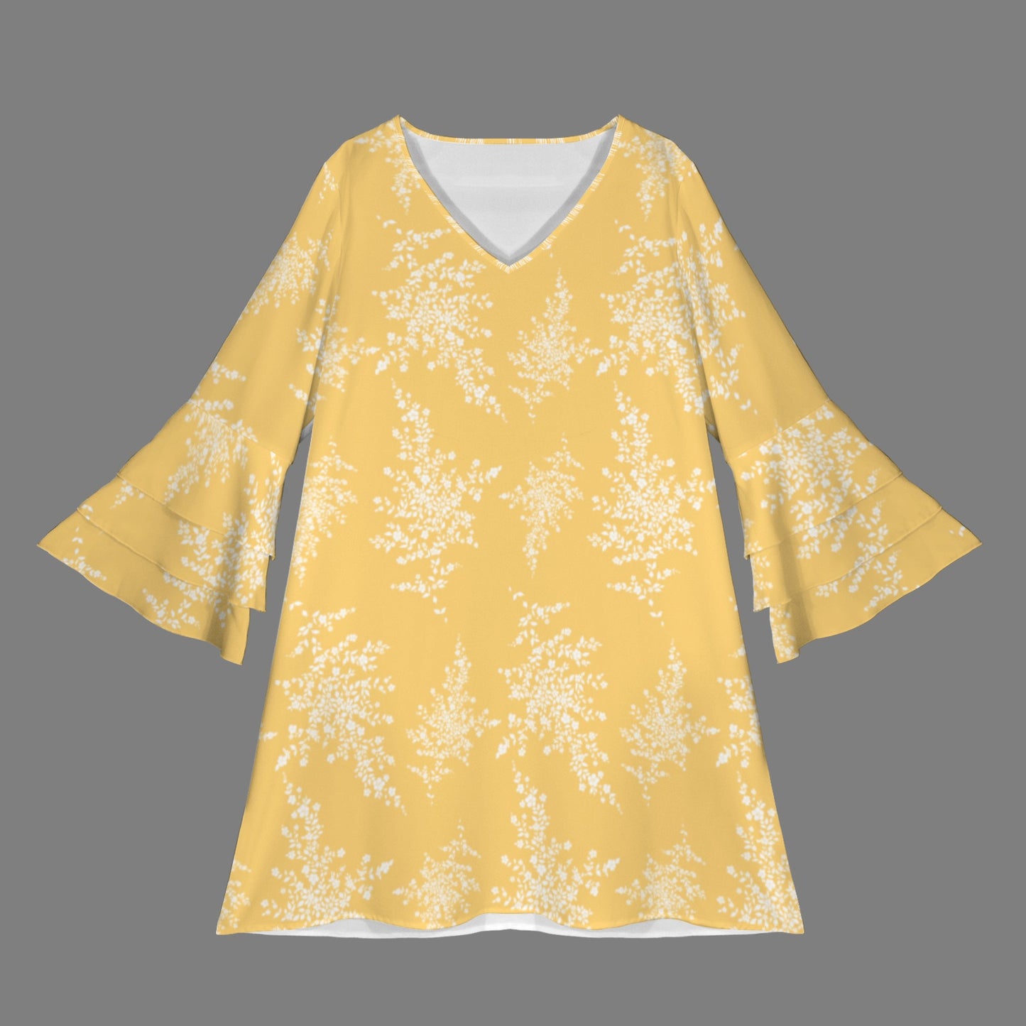 Yellow White Floral Neck Layered Flared Sleeve Dress