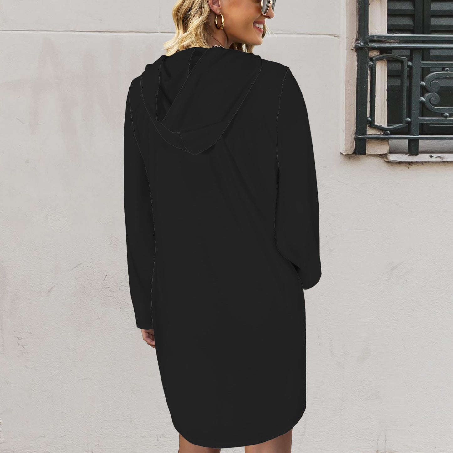 Drawstring Pocket Hooded Dress Black