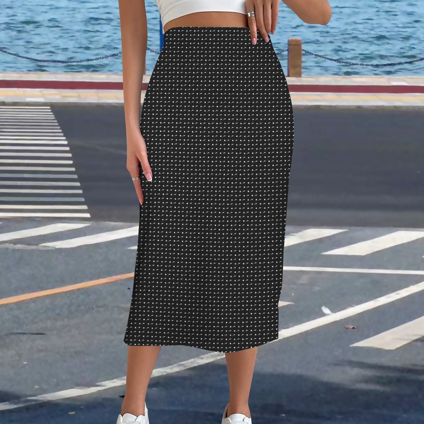 High Waist Split Skirt Black White Starry