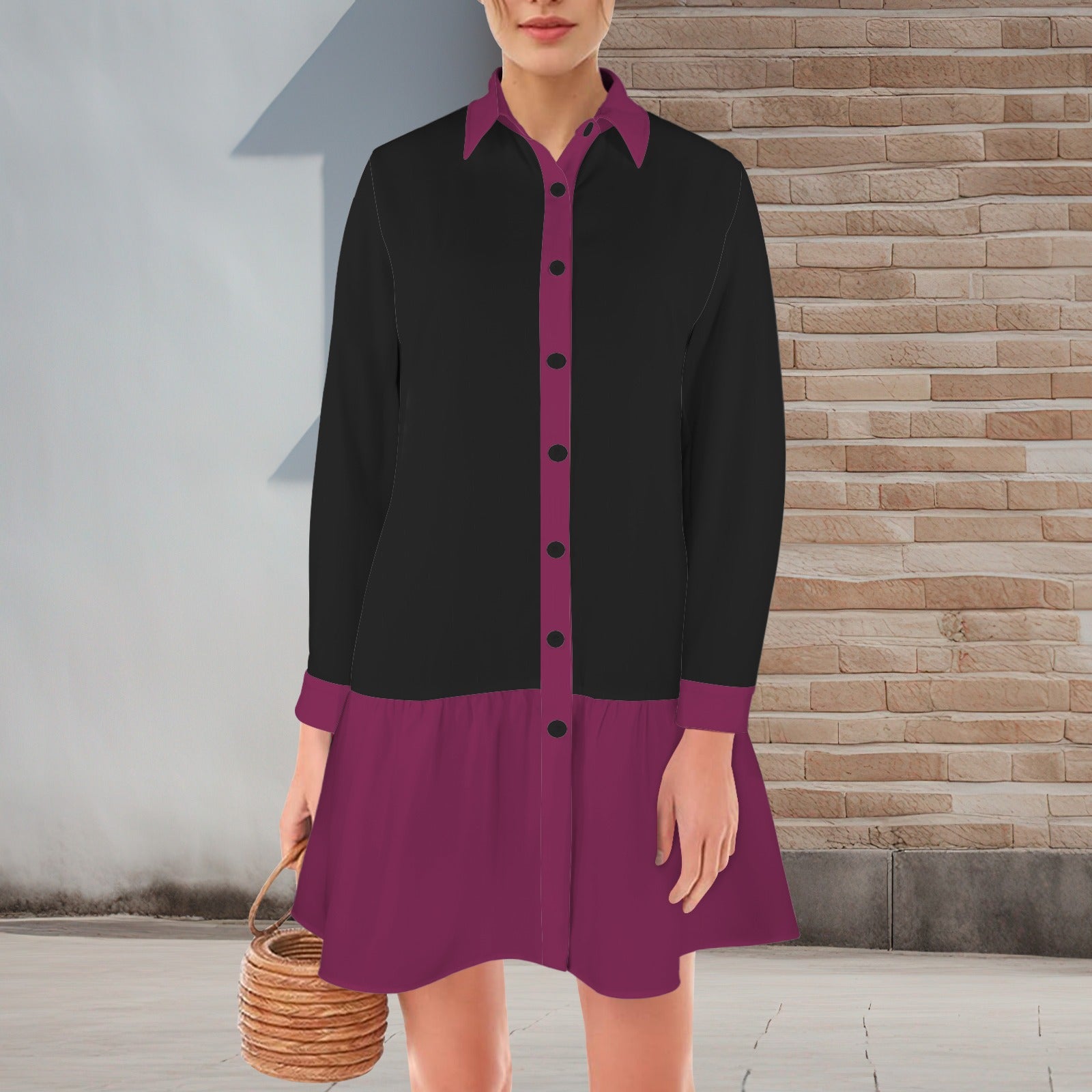 Black Berry Lapel Button Long Sleeve Pleated Shirt Dress