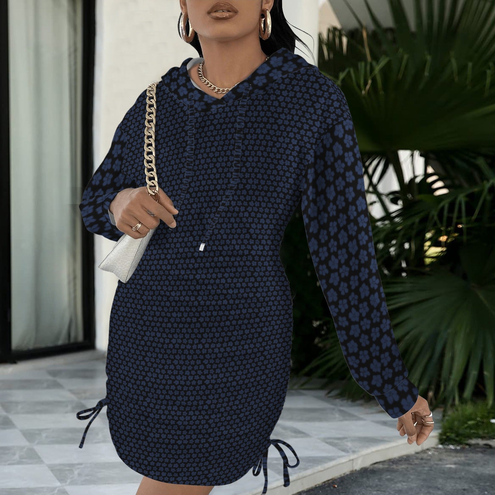 Dark Blue & Black Floral Print Hoodie Drawstring Sweatshirt Dress