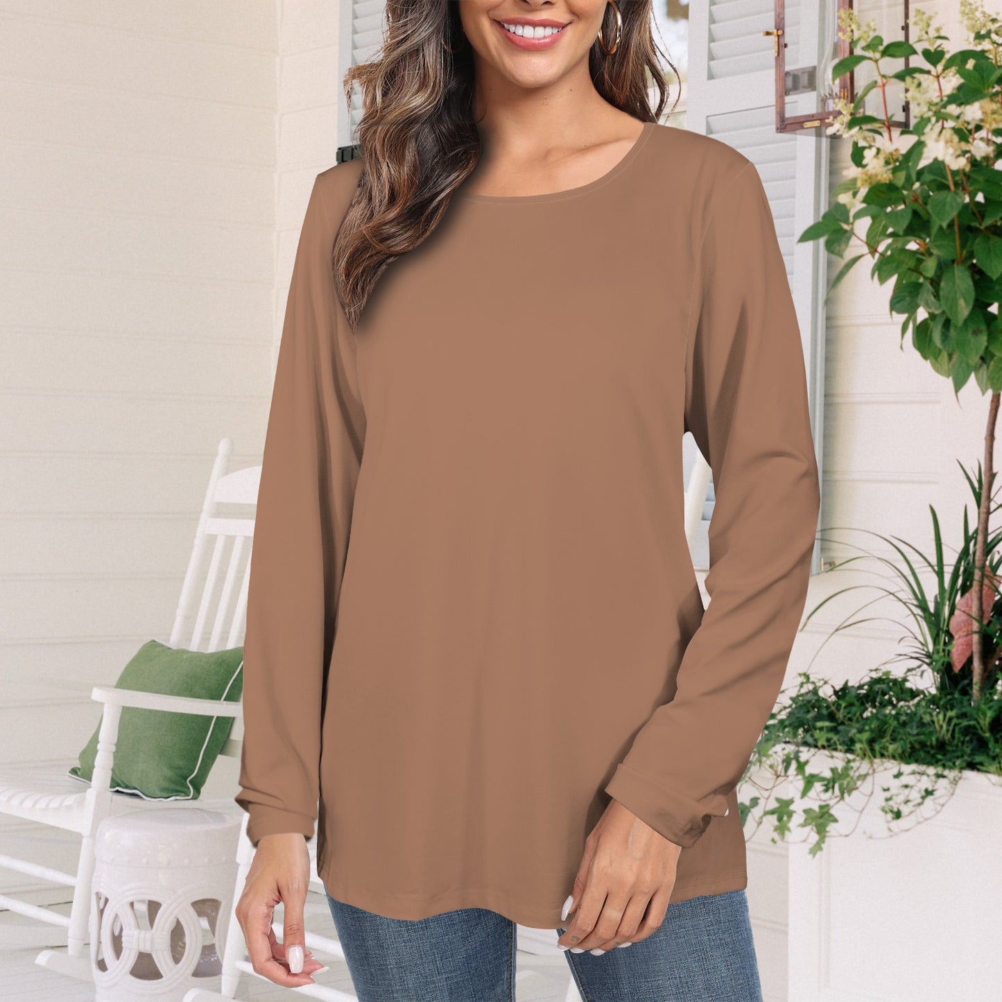 Long Sleeve Round Neck T Shirt Brown Beige