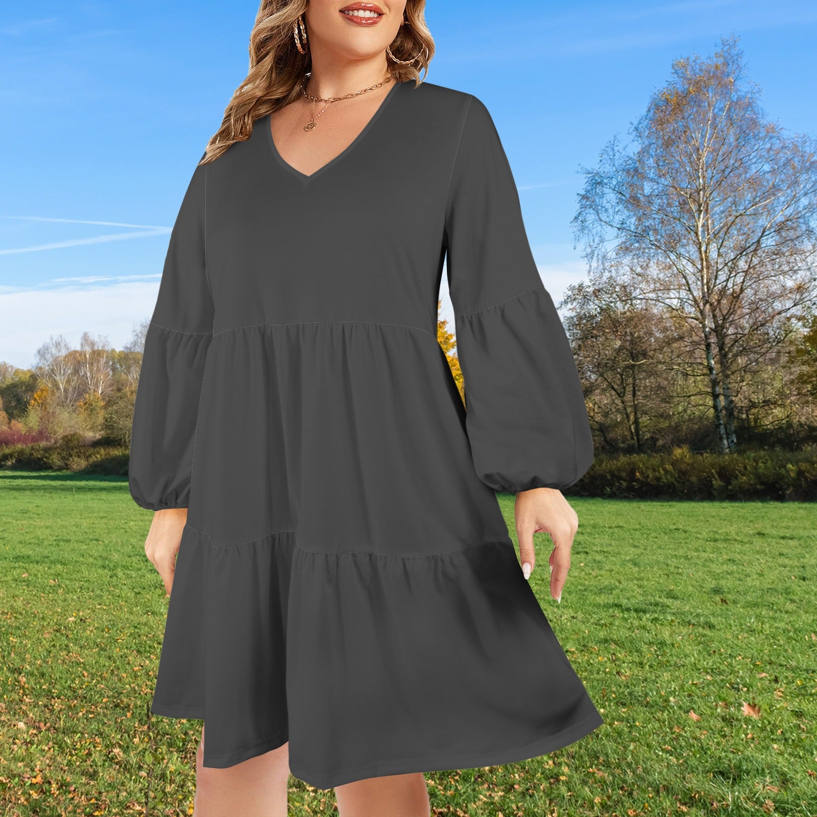 Dark Grey Tiered Dress with V-Neck & Full Sleeves