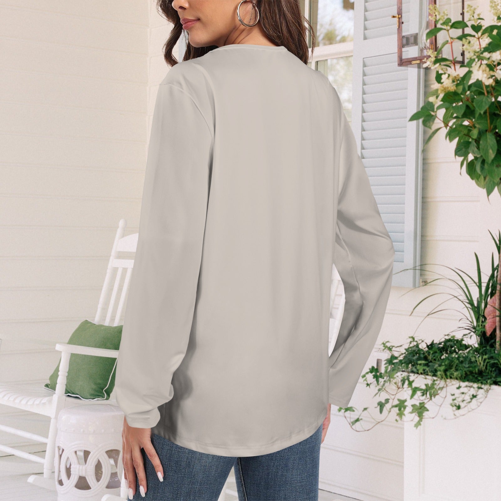 Long Sleeve Round Neck T Shirt Light Taupe