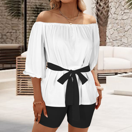 Off Shoulder Belted Top & Shorts Set White & Black