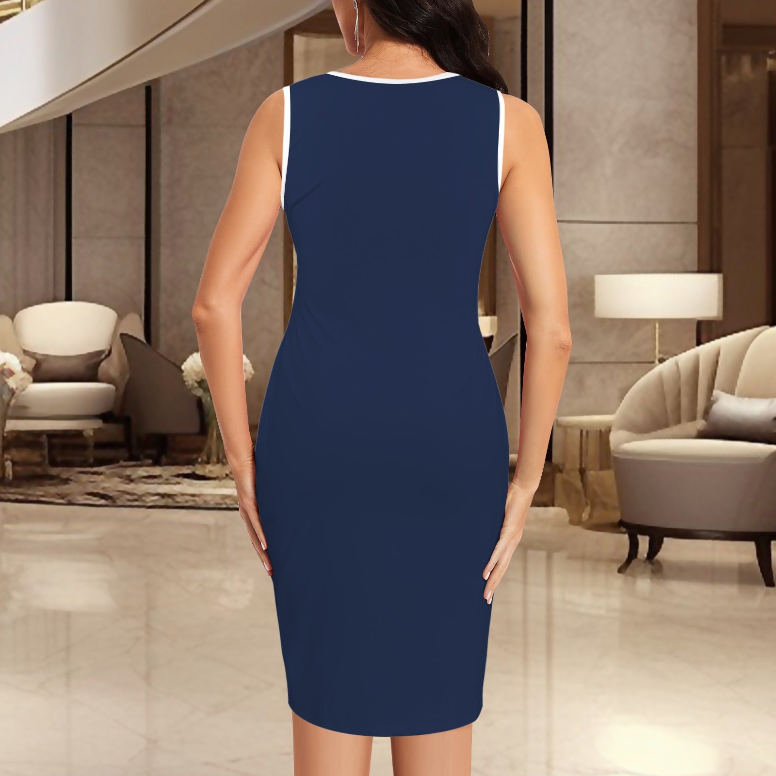 V Neck Sleeveless Faux Wrap Ruched Bodycon Dress Night Blue White