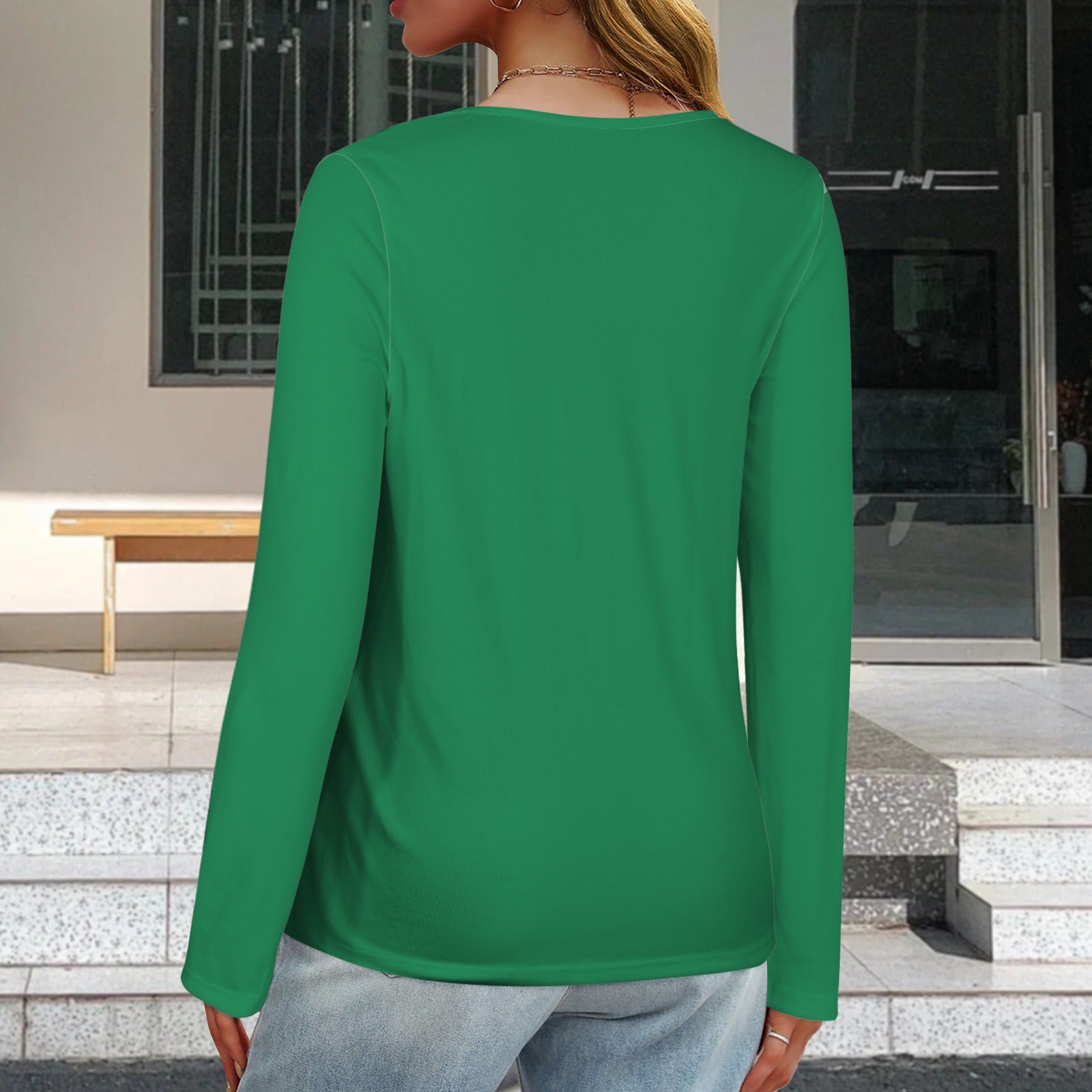 V Neck Long Sleeve Pullover Top Leaf