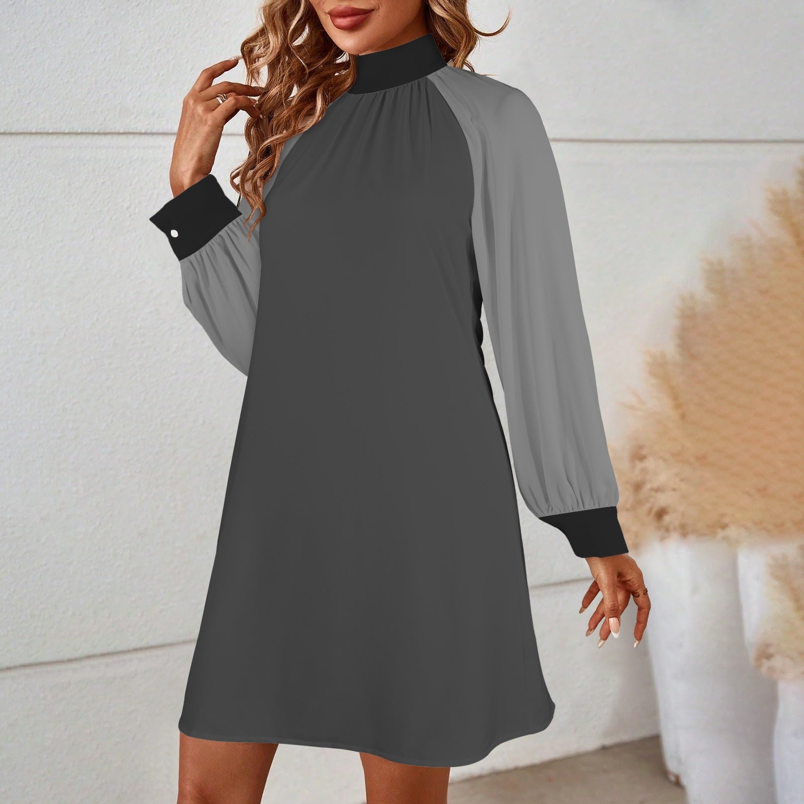 Mock Neck Long Lantern Sleeve Mini Dress Black Grey