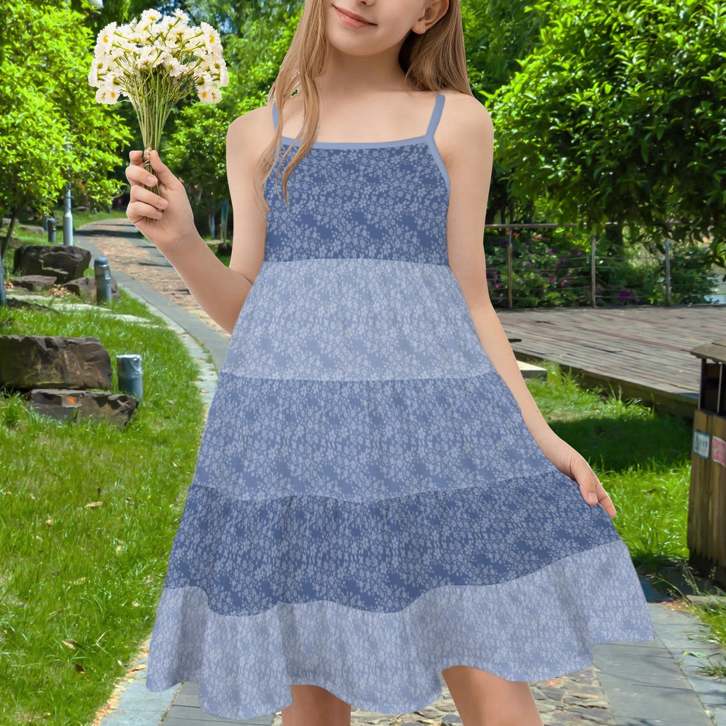 Spaghetti Strap Tiered Girls Dress Dusted Blues Floral