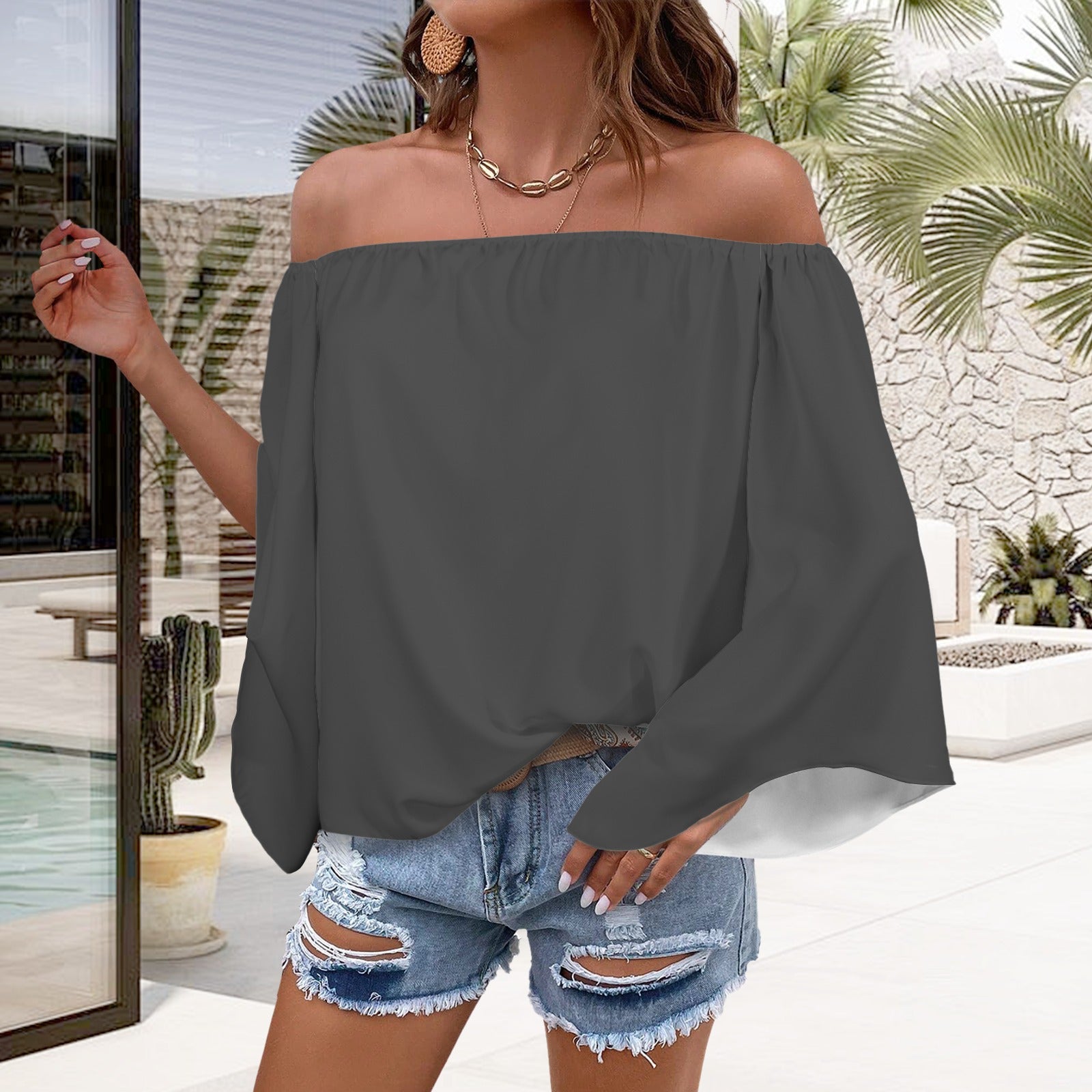 Off Shoulder Trumpet Sleeve Blouse Dark Grey