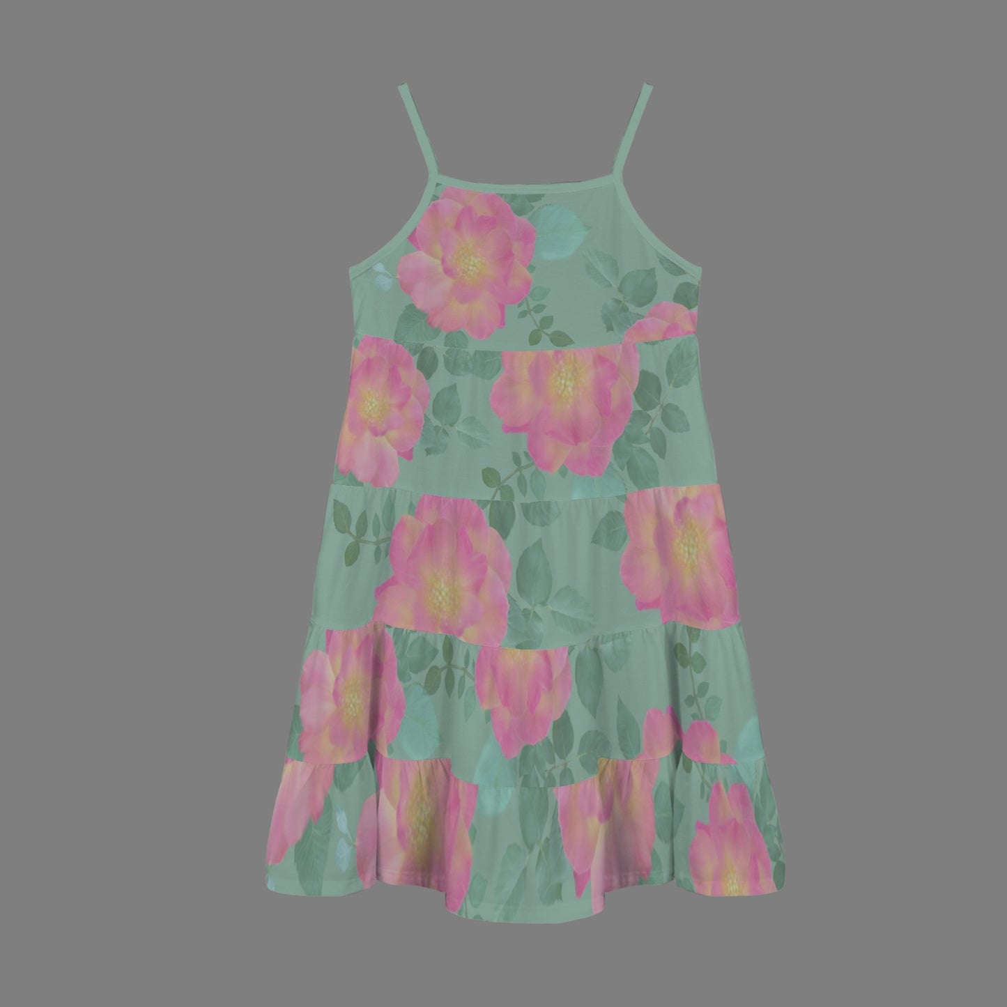 Spaghetti Strap Tiered Girls Dress Roses Dusted Green