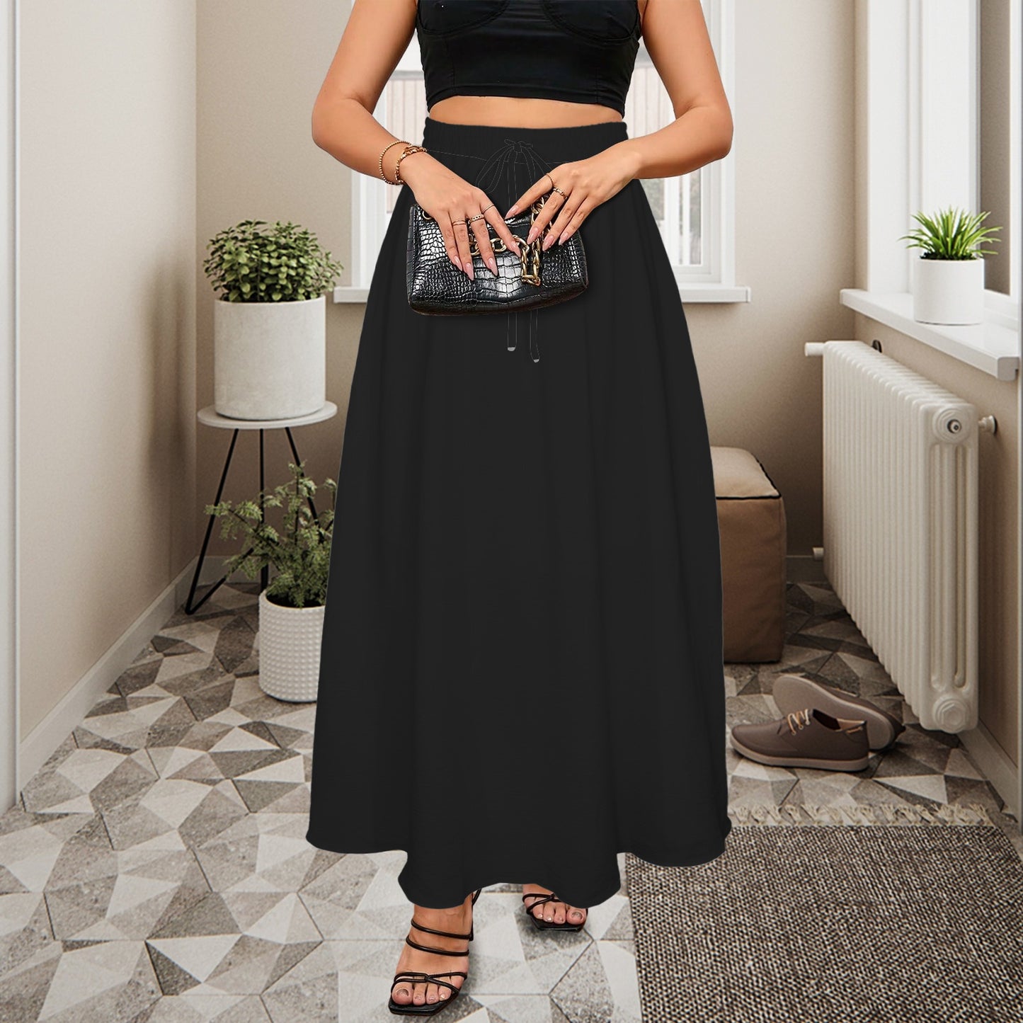 Tie Front Pleated High Waist Maxi Skirt Black