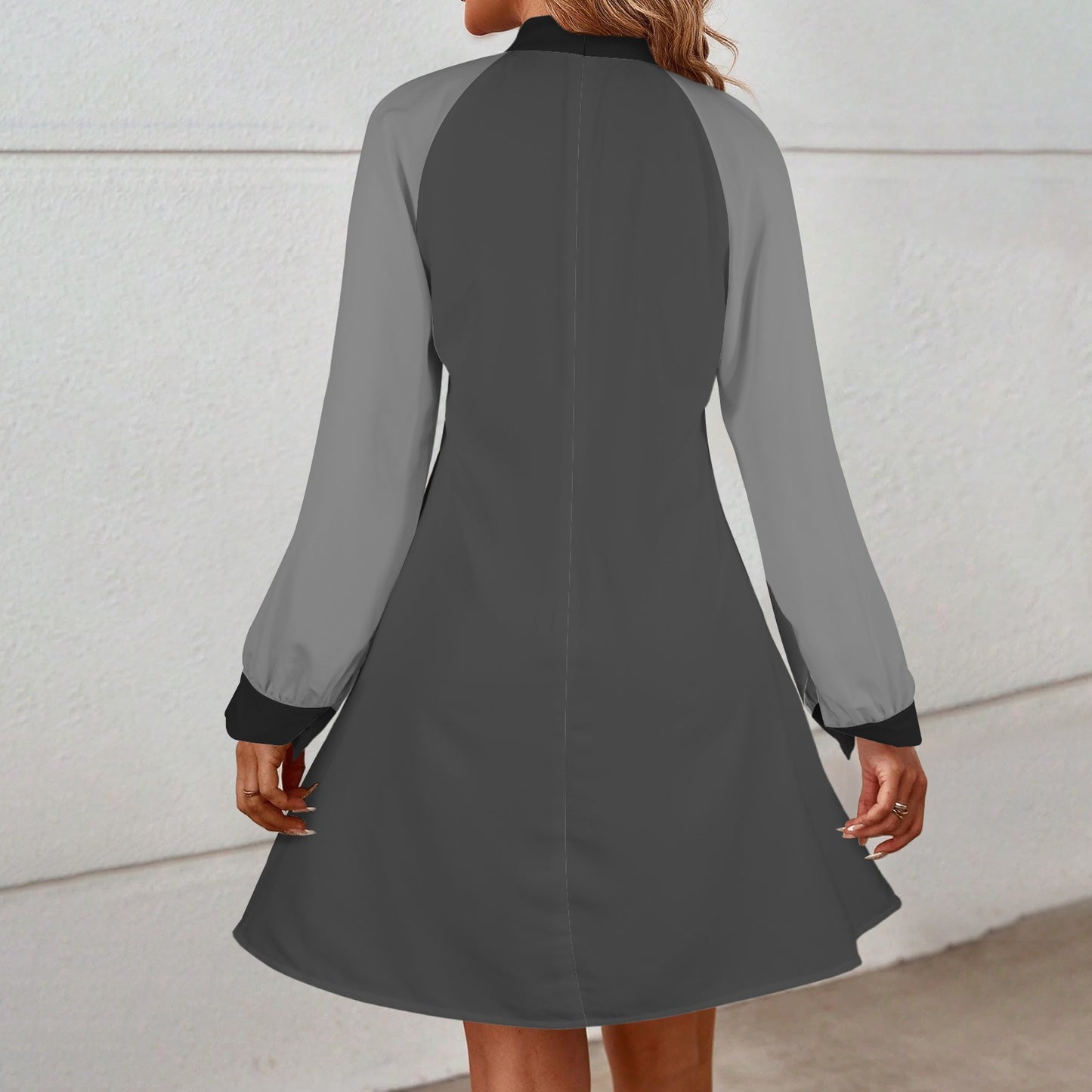 Mock Neck Long Lantern Sleeve Mini Dress Black Grey