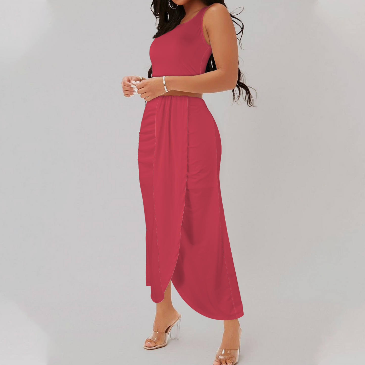 Rosy Coral Two Piece Skirt & Crop Tank Set