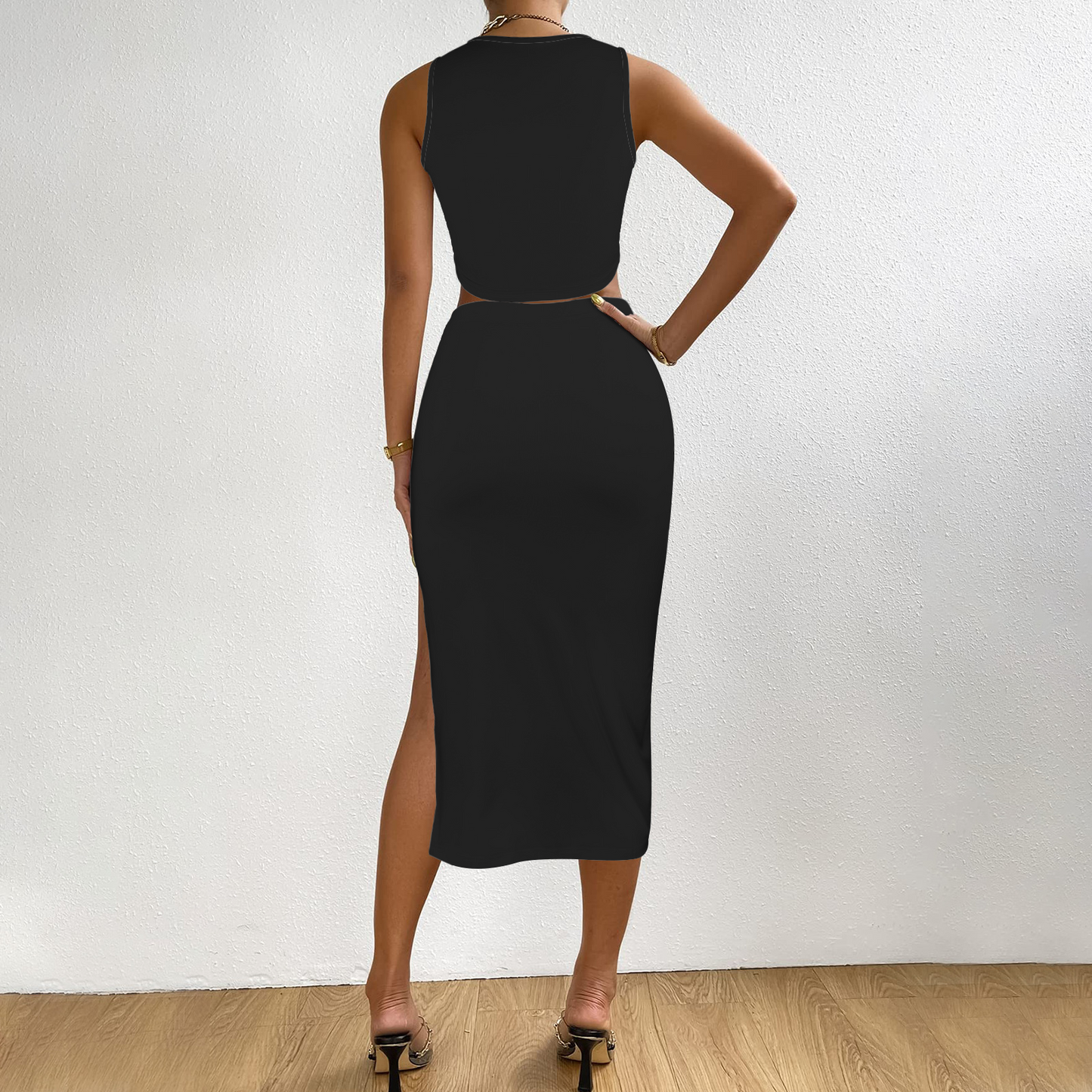 Black Mid Length Skirt & Crop Tank 2 Piece Set