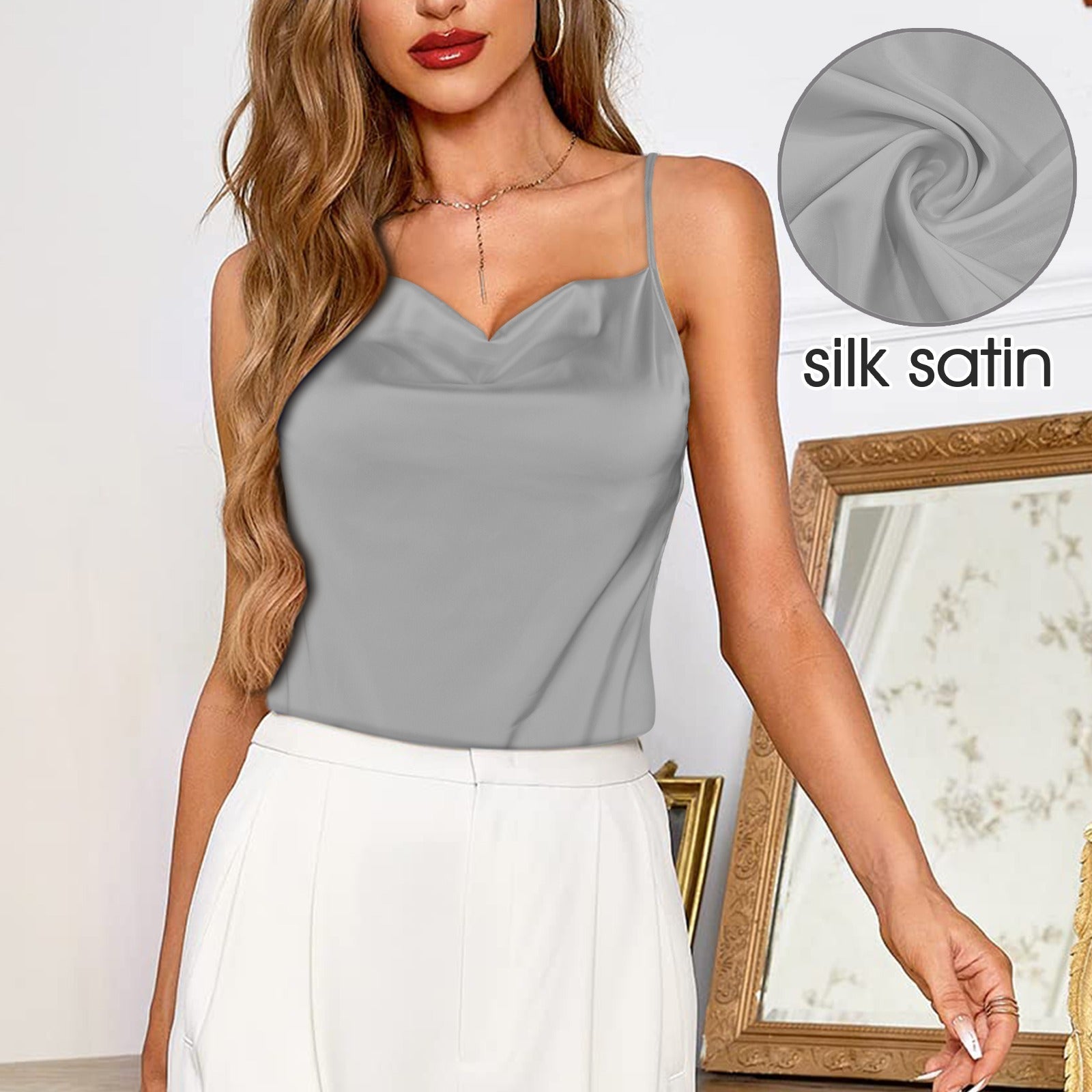 Grey Pearl Drop Neck Silky Satin-like Cami Top