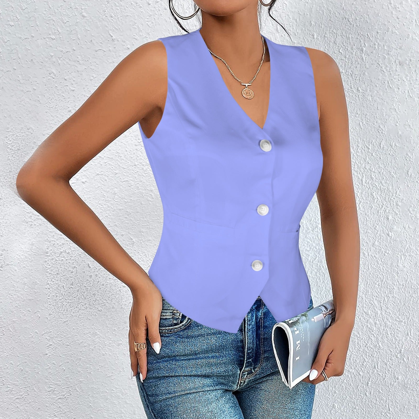 V-Neck Sleeveless Button Pocket Vest Periwinkle