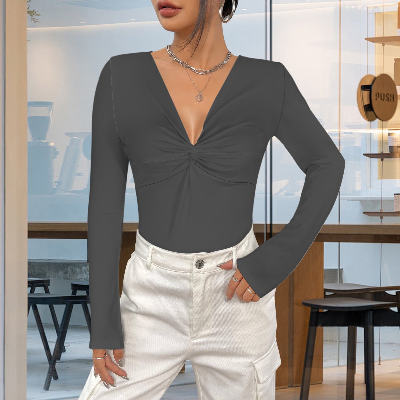 Dark Grey Twist V Neck Long Sleeve Slim Fit Top