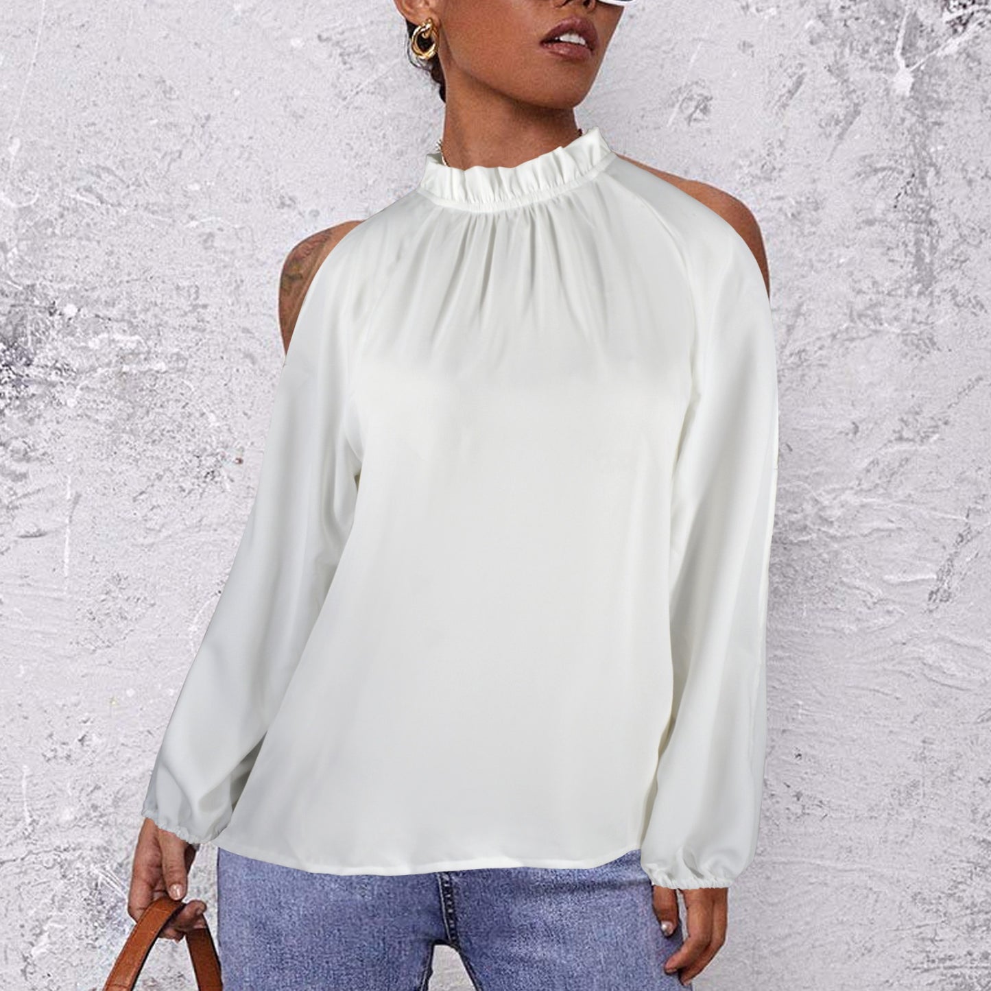 Lotus Leaf Round Neck Long Sleeve Pleated Off Shoulder Blouse White