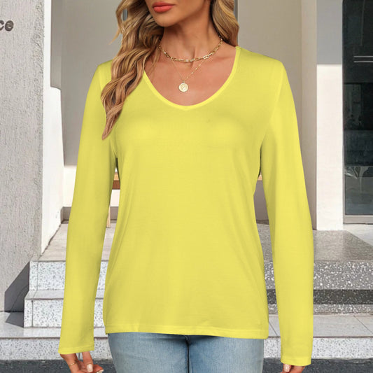 V Neck Long Sleeve Pullover Top Light Yellow