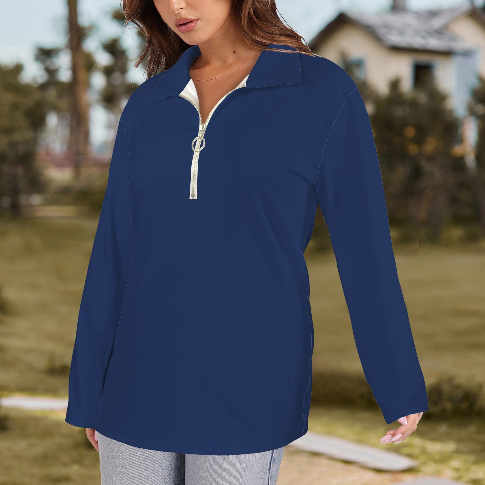 Lapel Half Zip Long Sleeve T-Shirt Dark Blue