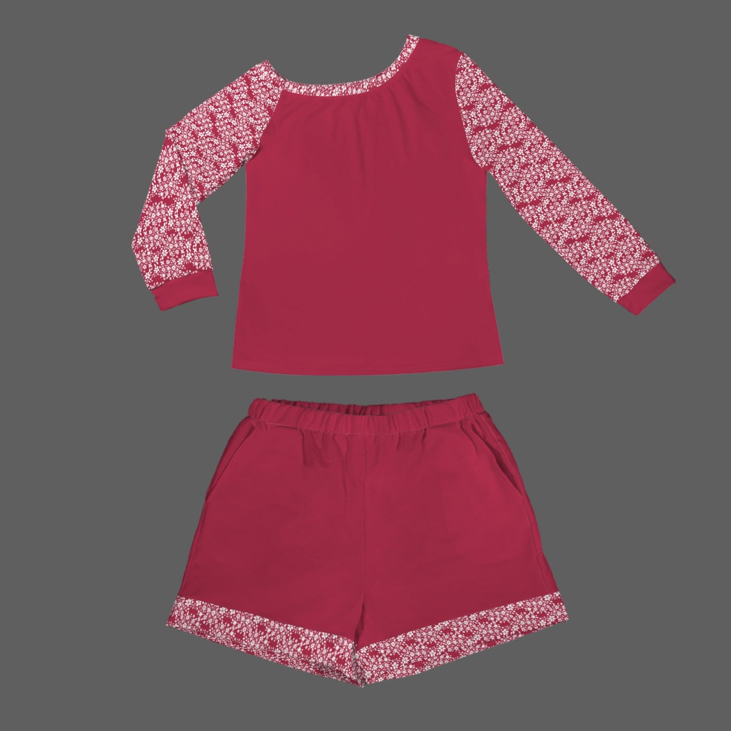 Slanted Off Shoulder Sweatshirt & Elastic Waist Shorts Set Red White Floral