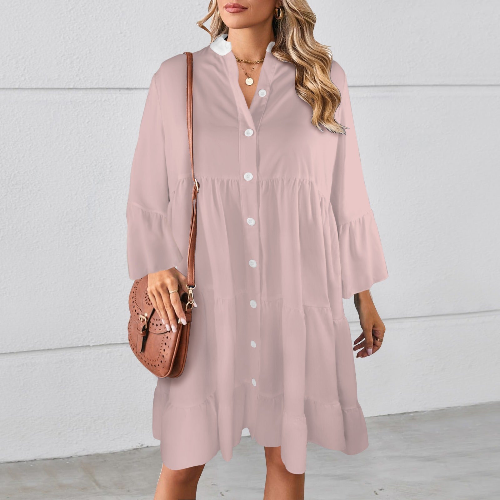 Flared Sleeve Button Tiered Shirt Dress Ballet