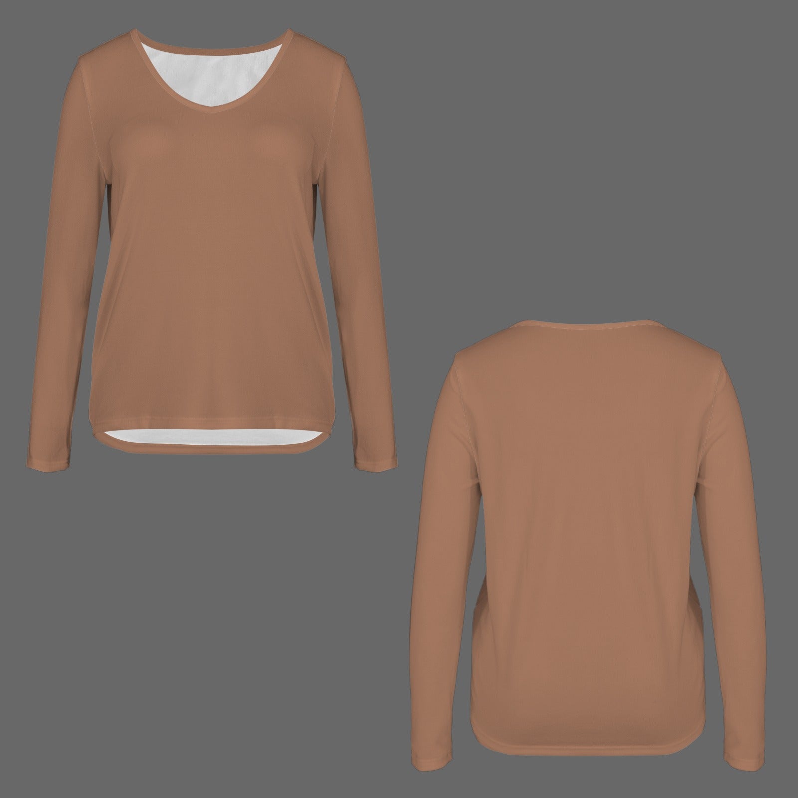 V Neck Long Sleeve Pullover Top Brown Beige