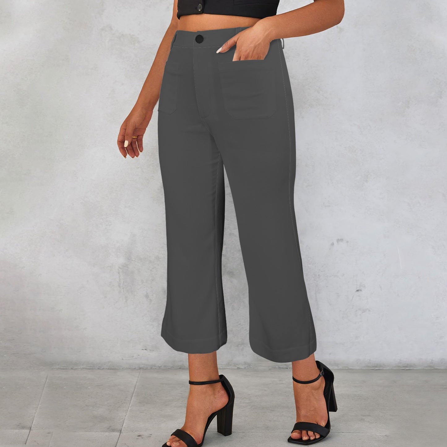 High Waist Pocket Flared Cropped Pants Dark Grey