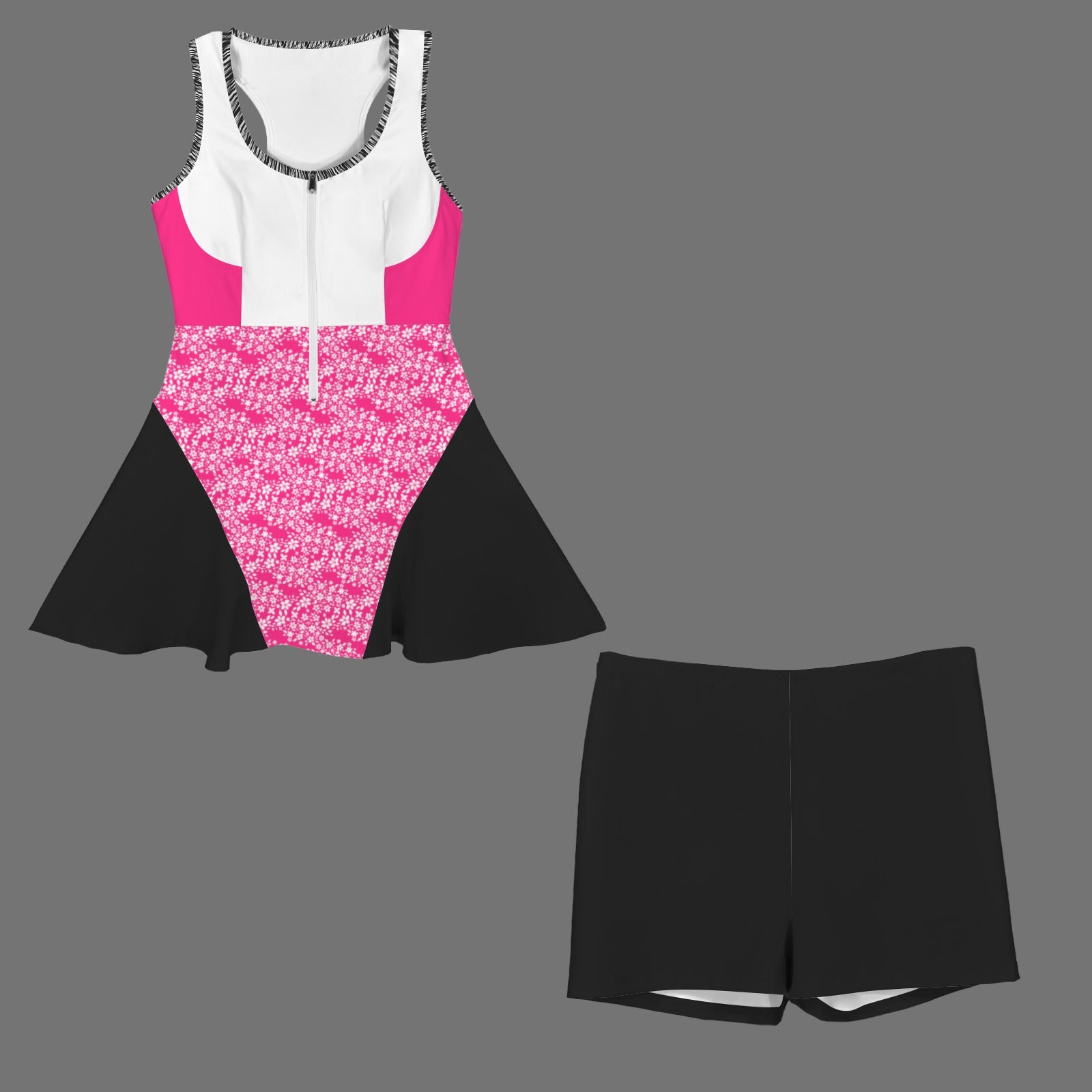 Front Zip Racer Back Sports Skirt & Shorts Set Magenta B/W Floral