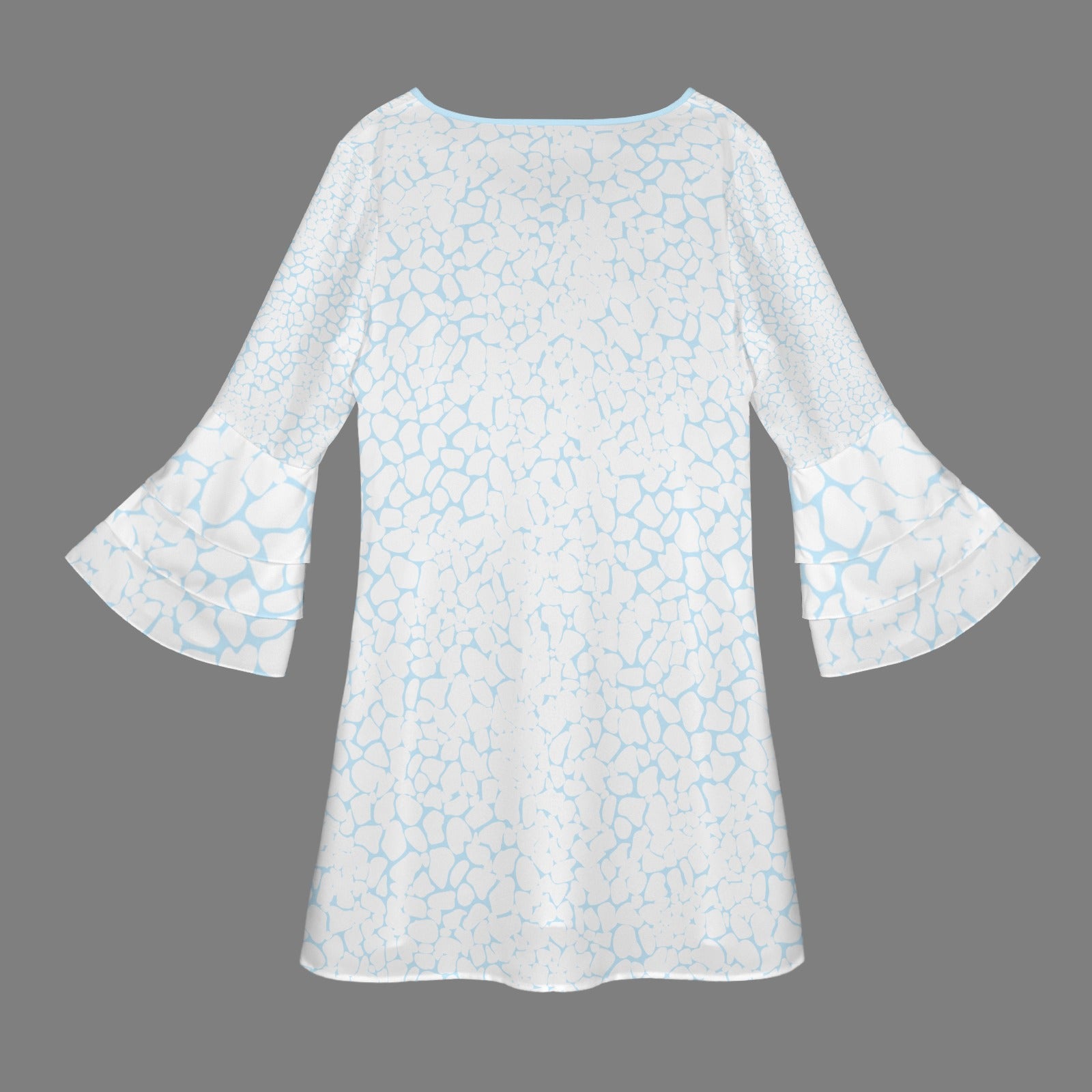 Light Blue & White Pebble V Neck Layered Flared Sleeve Dress