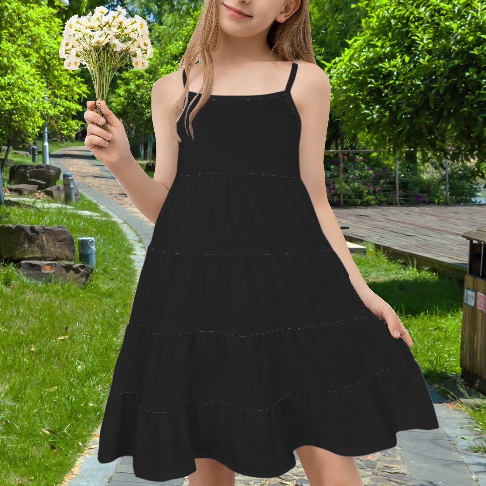 Spaghetti Strap Tiered Girls Dress Black