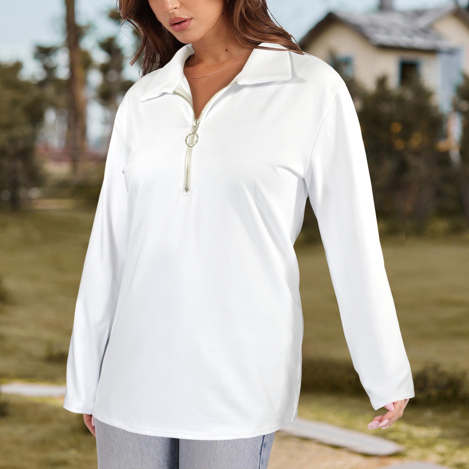 Lapel Half Zip Long Sleeve T-Shirt White